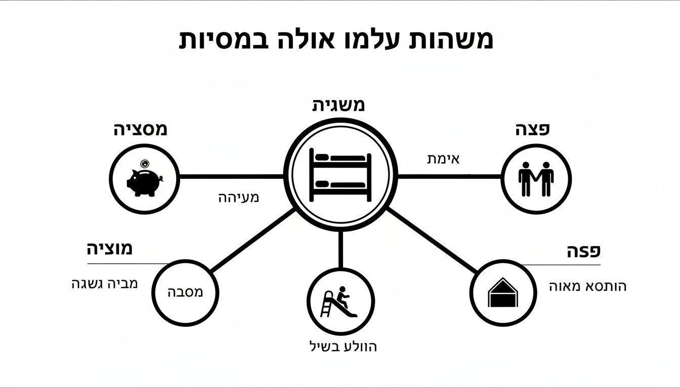 תרשים קונספטואלי עם מיטת קומותיים במרכז, המחוברת למושגים כמו חסכון, משפחה, בית ופעילויות ילדים, עם טקסט עברי.