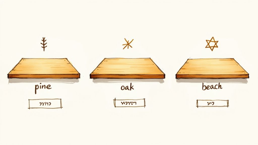 תמונת איור של שלושה לוחות עץ המציגים סוגי עץ שונים: אורן, אלון ואשור.