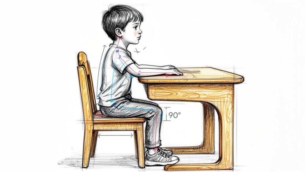 ילד יושב נכון ליד שולחן כתיבה, מדגים יציבה ארגונומית עם קווים מנחים להבנת הישיבה הנכונה.