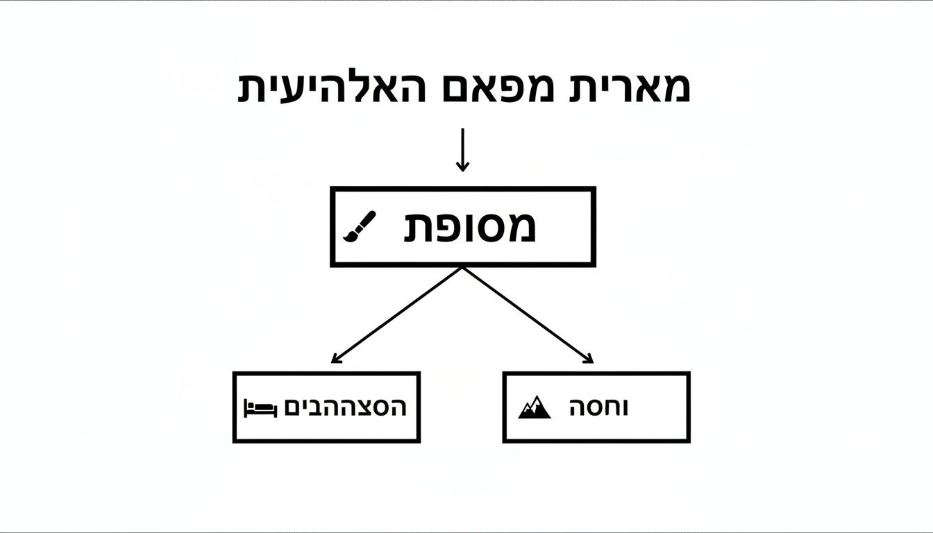 תרשים זרימה בעברית: 'מארית מפאם האלוהיות' מוביל ל'מסופת' (עיצוב), וממנו ל'הסוהבים' (מיטה) ו'וחסה' (הר).