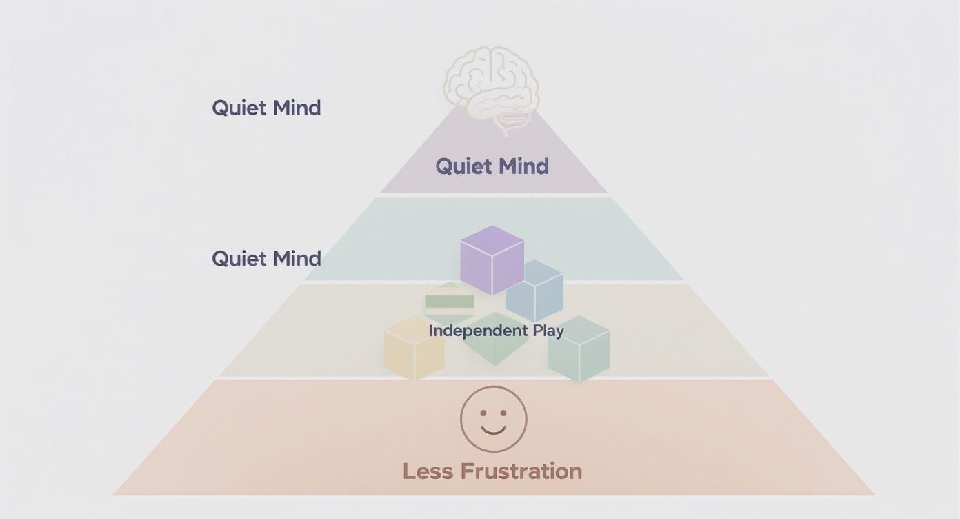 פירמידת התפתחות ילדים המציגה שלבים: פחות תסכול, משחק עצמאי, שקט נפשי ומוח בראש הפירמידה