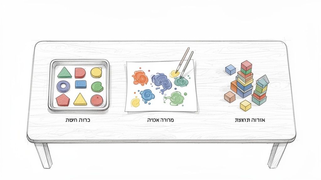 שולחן עץ עם שלוש פעילויות התפתחותיות לילדים: מגש צורות גיאומטריות, ציור צבעוני ומגדלי קוביות.