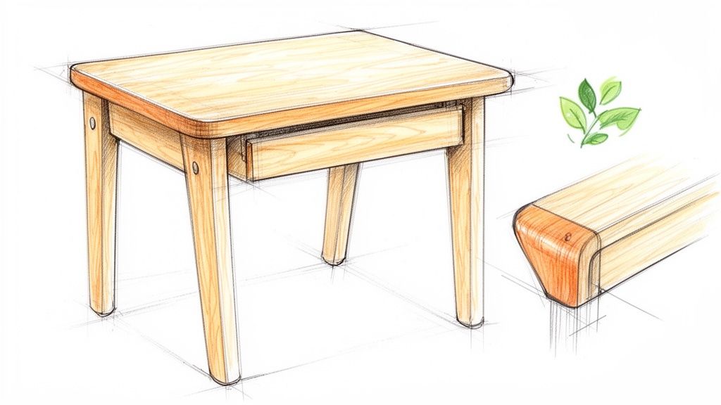 רישום אמנותי של שולחן עץ קטן עם מגירה ורגליים מעוגלות, בתוספת עלי ירק.