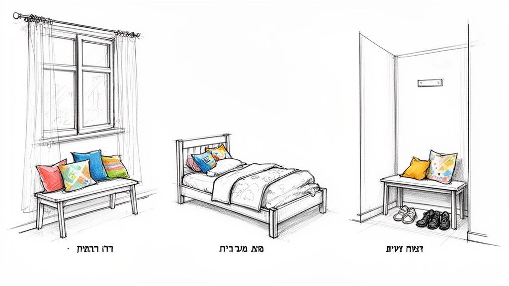 שלושה איורים של פריטי ריהוט לבית: ספסל ליד חלון עם כריות צבעוניות, מיטת יחיד, וספסל כניסה עם נעליים מתחתיו.