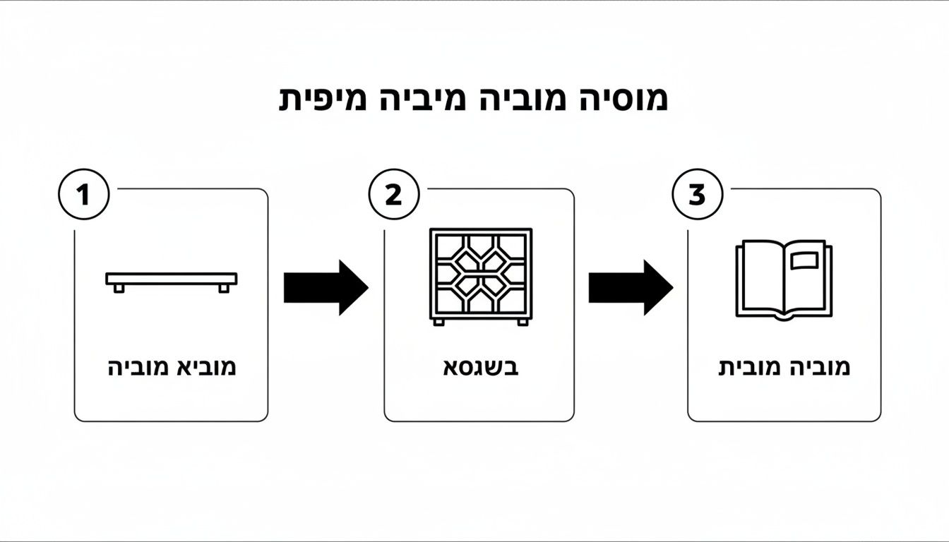 תרשים זרימה המציג שלבי הרכבה לרהיט, עם איורים של חלקים שונים וספר הוראות פתוח.