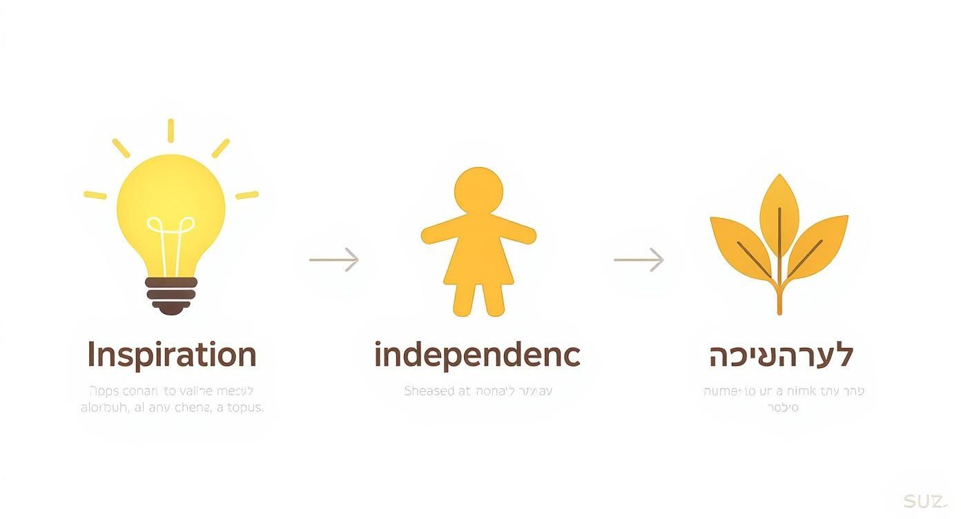 איור המתאר תהליך של התפתחות: מרעיון (נורה) דרך עצמאות אישית (דמות אדם) ועד לצמיחה ושגשוג (צמח עם עלים).