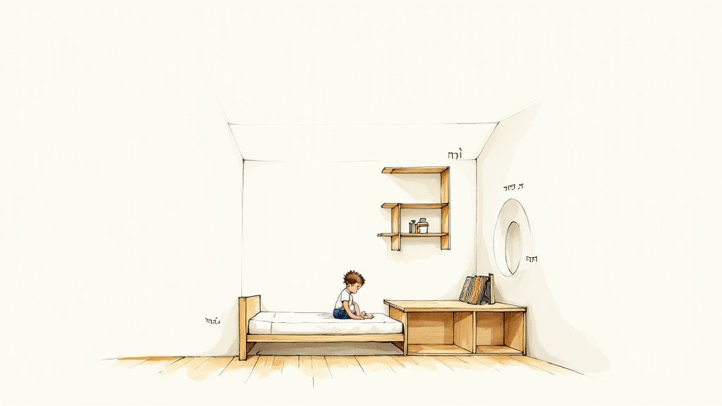 ילד קטן יושב לבד על מיטת מעבר בחדר מינימליסטי עם מדפים ושולחן.