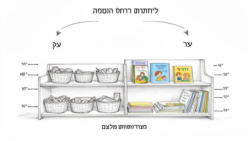 מדף דו-צדדי לבן המציג אפשרויות אחסון עם סלים וספרים, כולל מידות מפורטות.