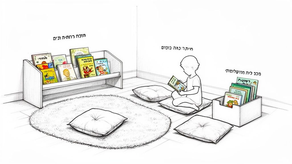 פינת קריאה נעימה לילדים עם מדפים, ספרים וכריות רכות. ילד קורא בשלווה.