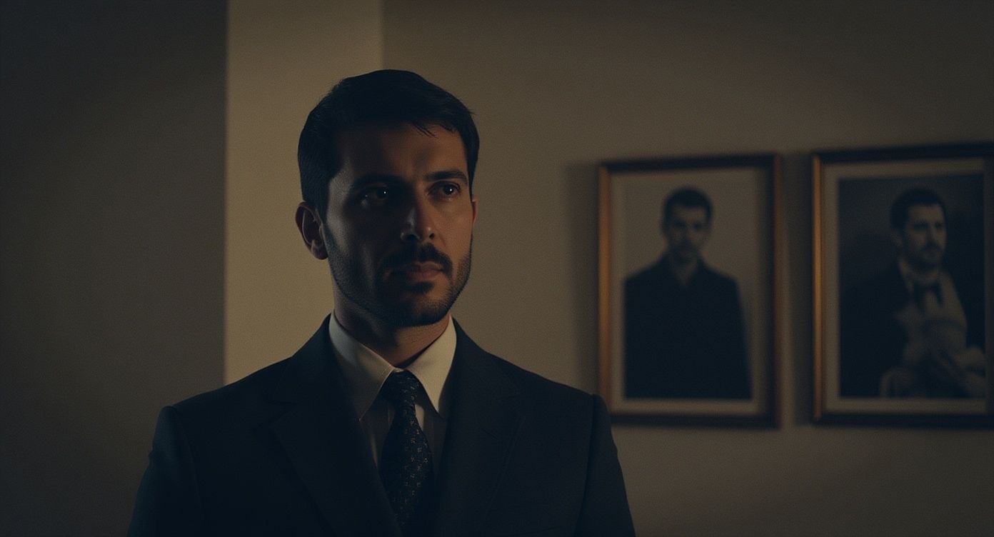 גבר בחליפה ועניבה, עם זקן ושיער כהה, מביט הצידה. ברקע שני פורטרטים על קיר.