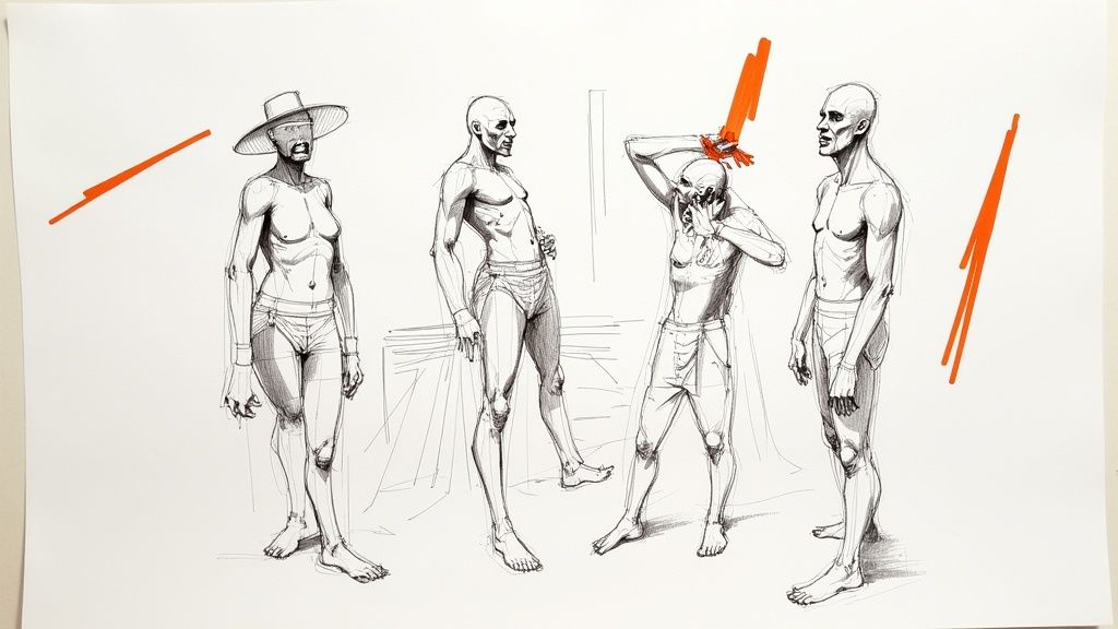 איור בקו שחור של ארבע דמויות אנושיות בסגנון מנימליסטי, עם הדגשים בכתום בוהק.