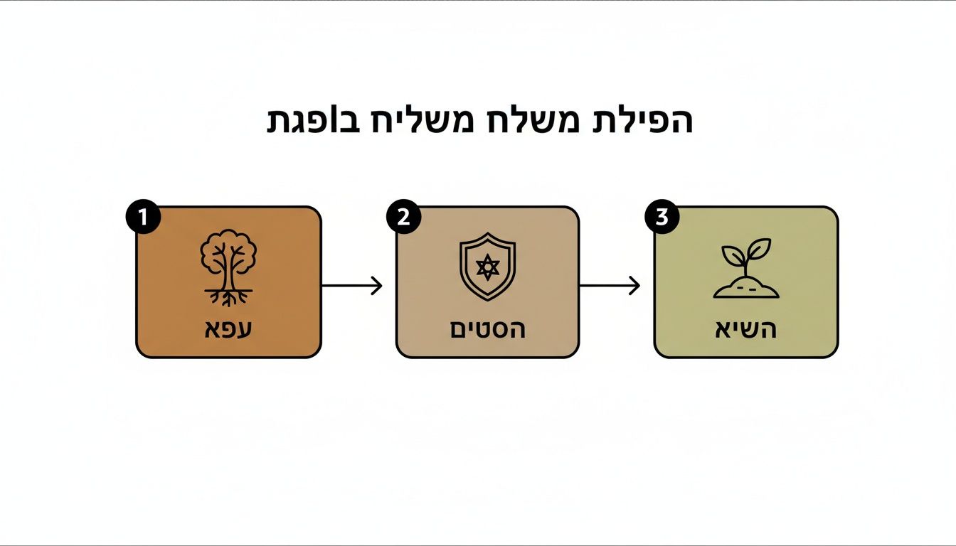 תרשים זרימה בעברית המתאר שלושה שלבים של תהליך, מיוצגים על ידי עץ, מגן ושתיל.