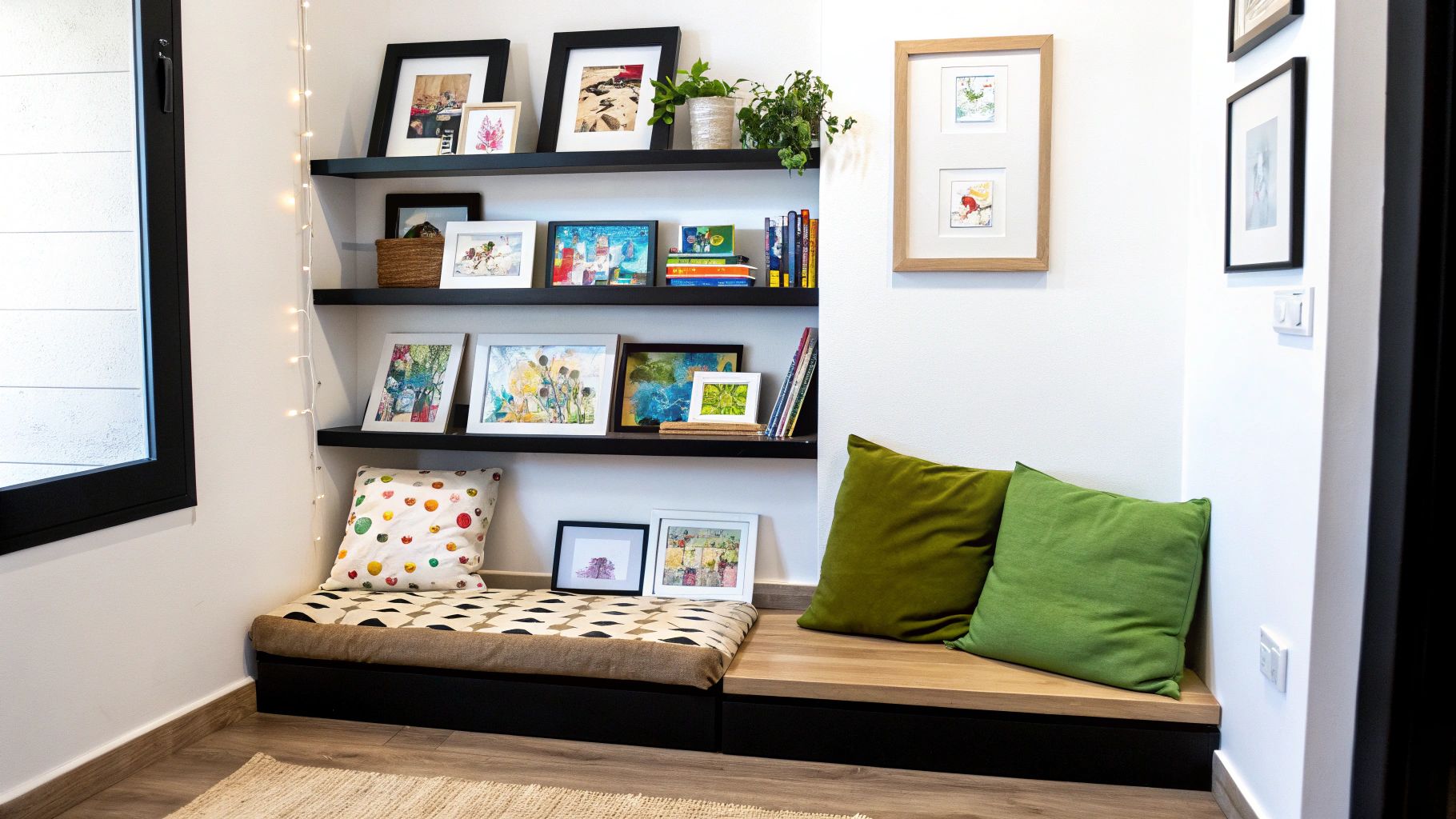 פינת למידה וקריאה מעוצבת לילדים עם מדפים שחורים, תמונות, ספרים, וכיסא ישיבה נוח עם כריות ירוקות וצבעוניות.