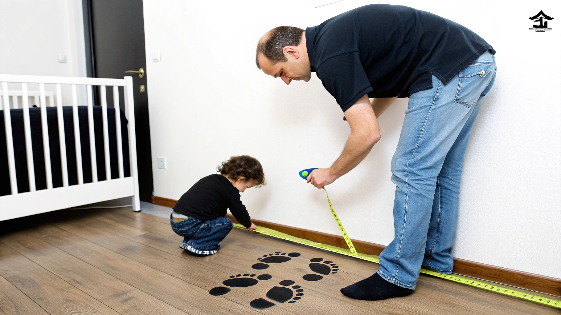 אישה מודדת חדר ילדים עם סרט מדידה לקראת רכישת מיטת מעבר.
