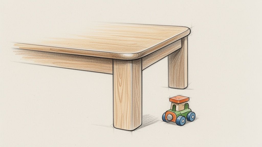 שולחן עץ בהיר עם פינות מעוגלות ורכב צעצוע מעץ קטן מתחתיו על רקע בהיר.