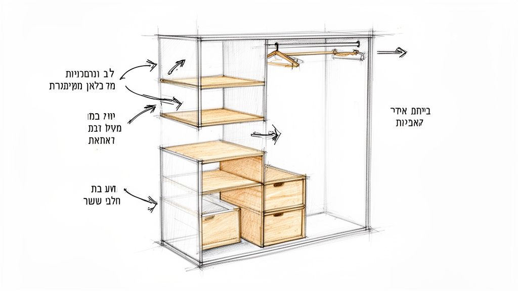 עיצוב ארון ילדים מודרני עם מדפים, מגירות נשלפות ומתלה לבגדים, המתאים לאחסון מגוון פריטים.