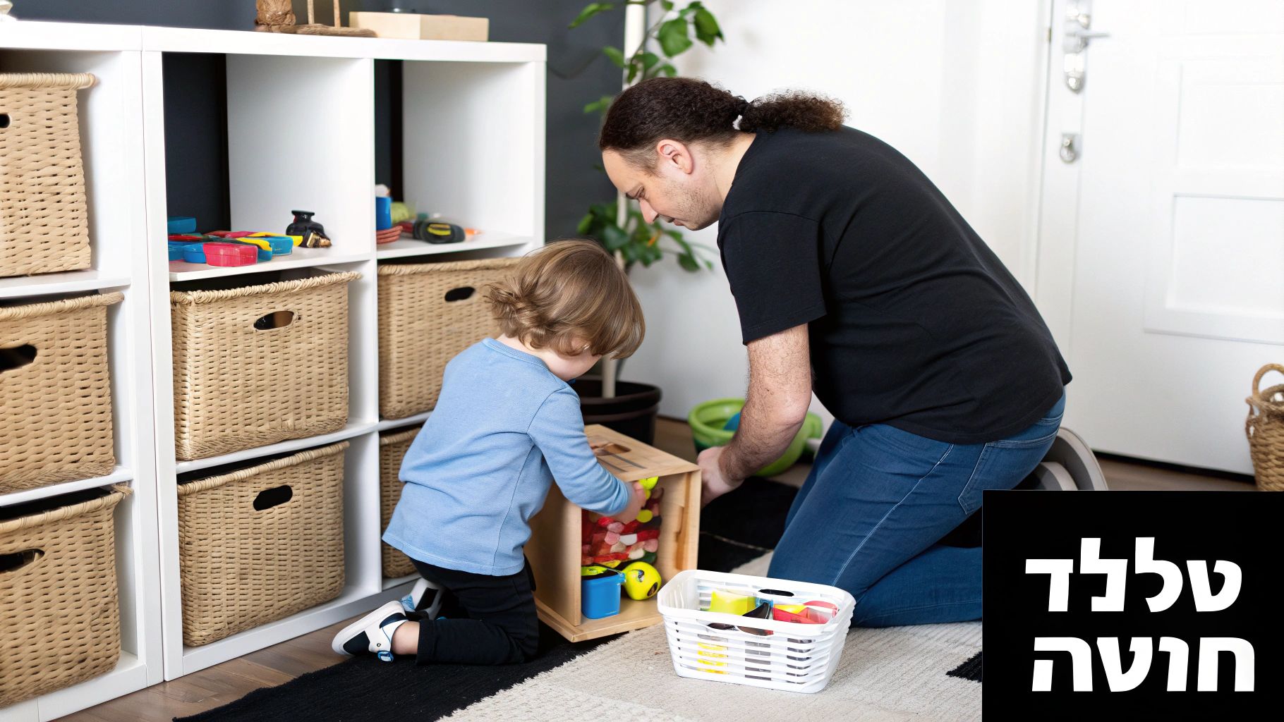 אב וילד מסודרים צעצועים יחד בסלי קש במדף אחסון לבן בחדר ילדים מאורגן