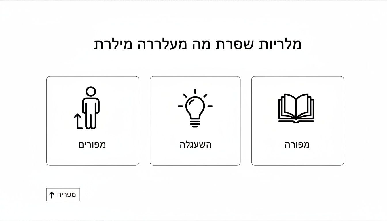 שלושה כרטיסים עם אייקונים וטקסט בעברית: איש עם חץ למעלה, נורה דולקת וספר פתוח. כותרת עליונה ולחצן תחתון.