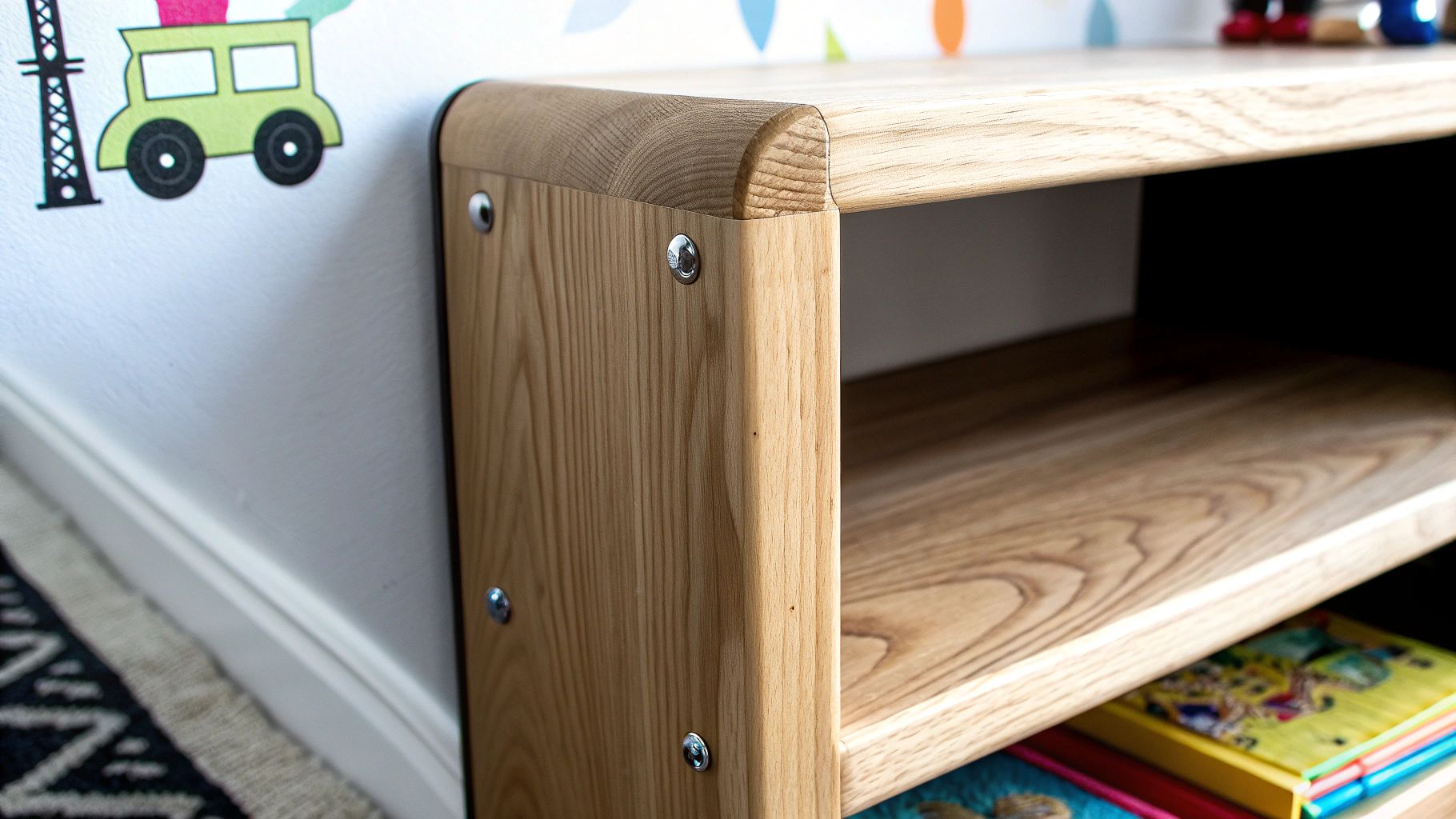 תקריב של יחידת מדפים מעץ בהיר עם פינות מעוגלות בחדר ילדים, עם מדבקת רכבת על הקיר.