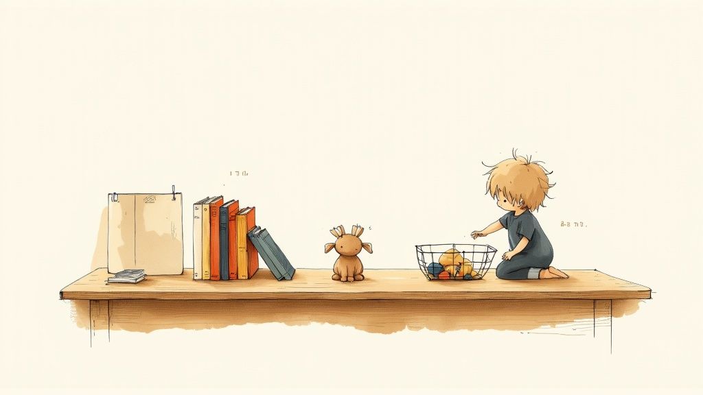 ילד קטן יושב ליד מדף עץ עם ספרים, בובת אייל וסלסלה של צעצועים.