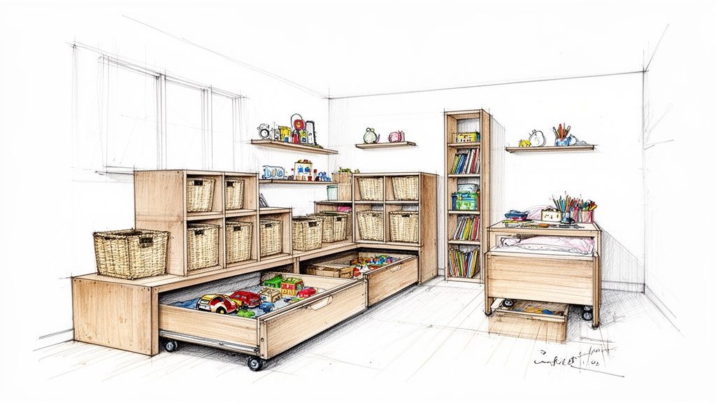 איור של חדר ילדים מואר עם יחידות אחסון עץ, סלסלות נצרים, מדפים צפים ומגירות צעצועים נשלפות.