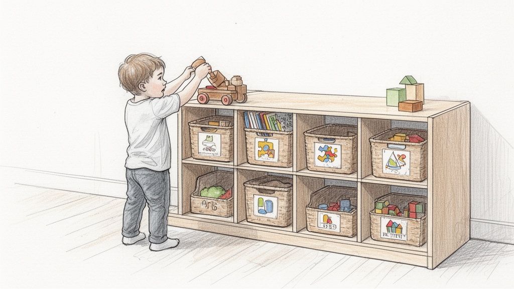 ילד קטן משחק עם משאית עץ על כוורת עץ מלאה בסלי צעצועים ובספרים.