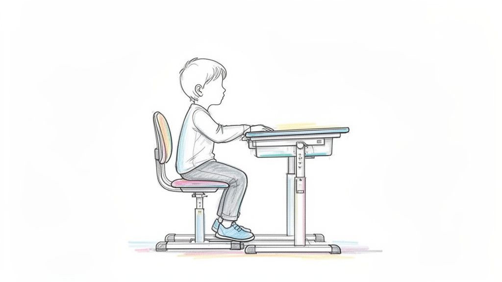 ילד יושב ליד שולחן כתיבה וכיסא ארגונומיים מתכווננים, עם יציבה נכונה.