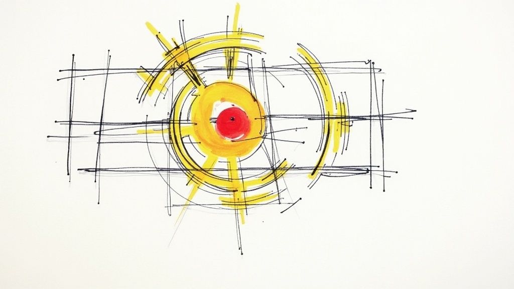 ציור מופשט בצבעים עזים, מציג ליבה אדומה מוקפת בטבעות צהובות ושחורות, בתוך רשת גיאומטרית.