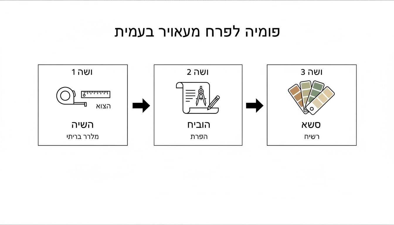 תרשים זרימה המציג שלושה שלבים בתהליך עיצוב: מדידה, תכנון טכני ובחירת צבעים, עם כותרת בעברית.