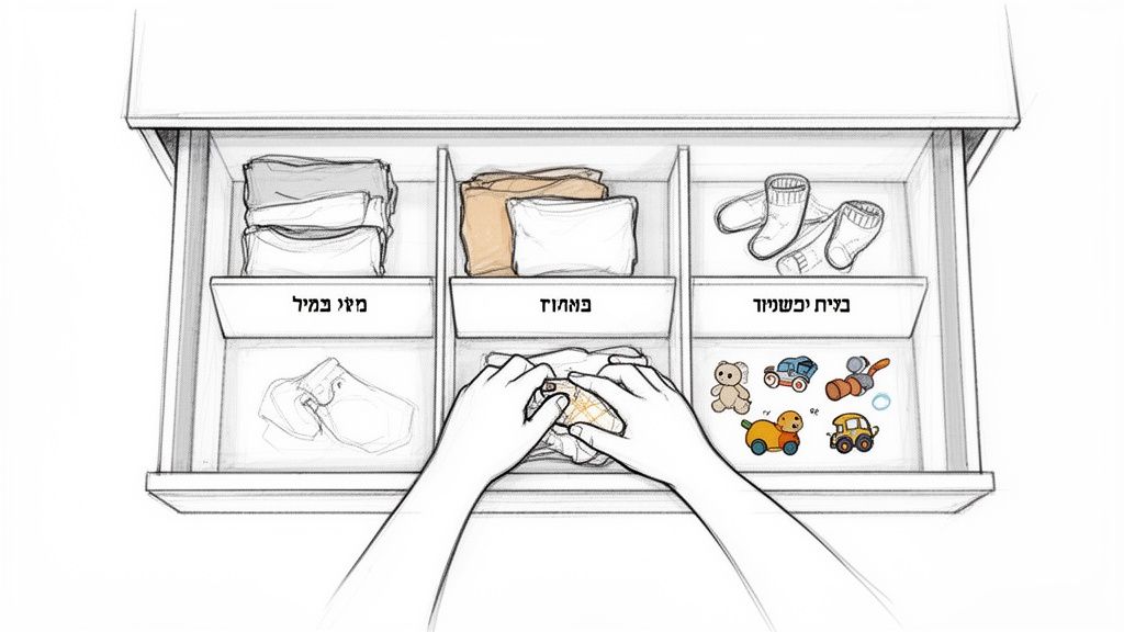 מגירה פתוחה עם מחיצות המכילות בגדים מקופלים, גרביים וצעצועים מאורגנים. ידיים מקפלות בגד.