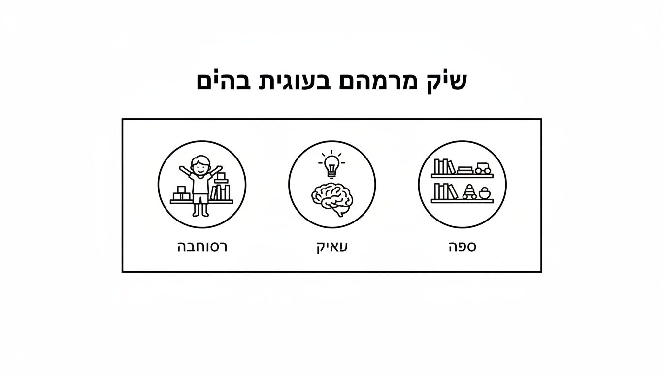 איור עם כותרת בעברית, מציג שלושה אייקונים: ילד עם קוביות, מוח עם נורה ומדף ספרים, עם כיתוב תחתון.
