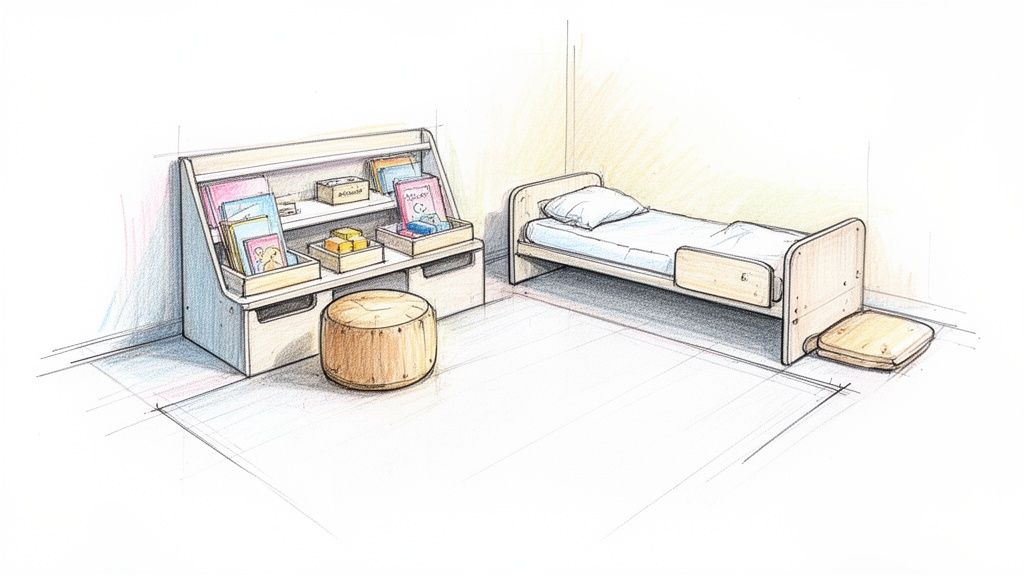 איור חדר ילדים הכולל מיטה נמוכה, מדף ספרים מעוצב ופוף עץ עגול.