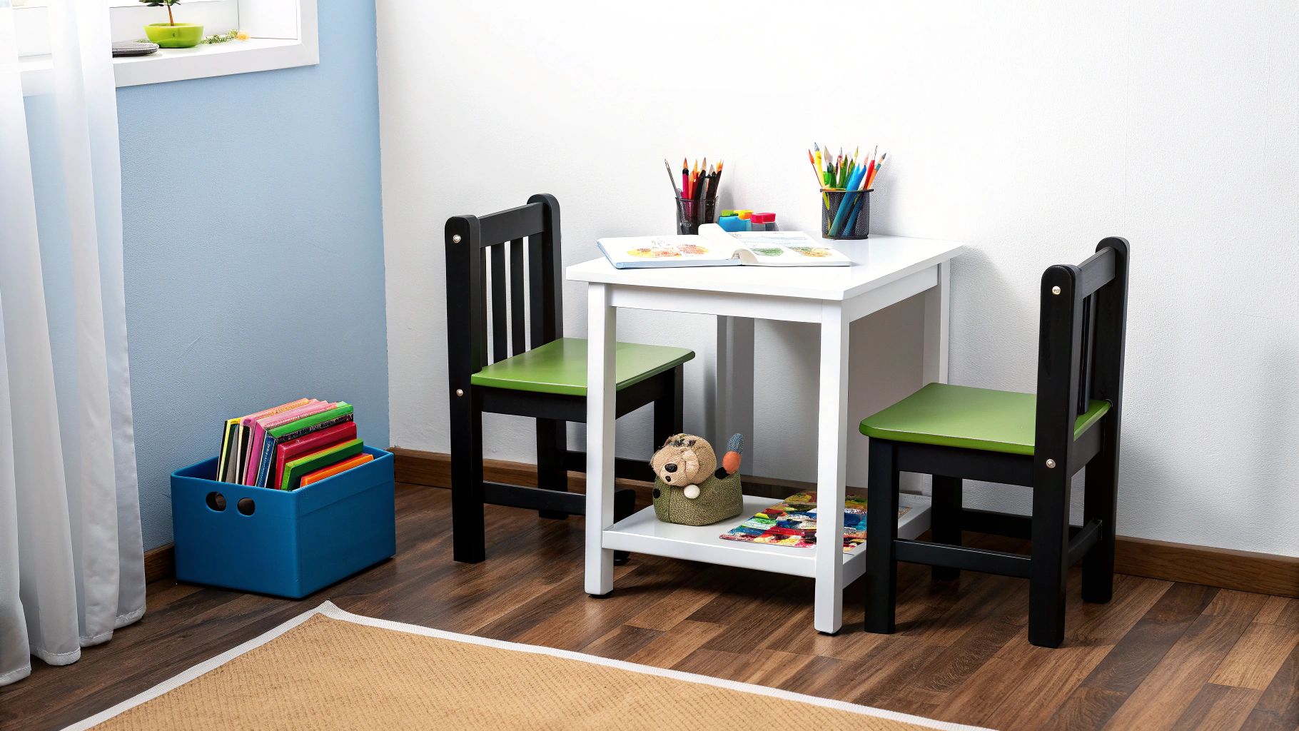 פינת למידה ומשחק צבעונית לילדים עם שולחן לבן, שני כיסאות ירוקים וקופסת ספרים.