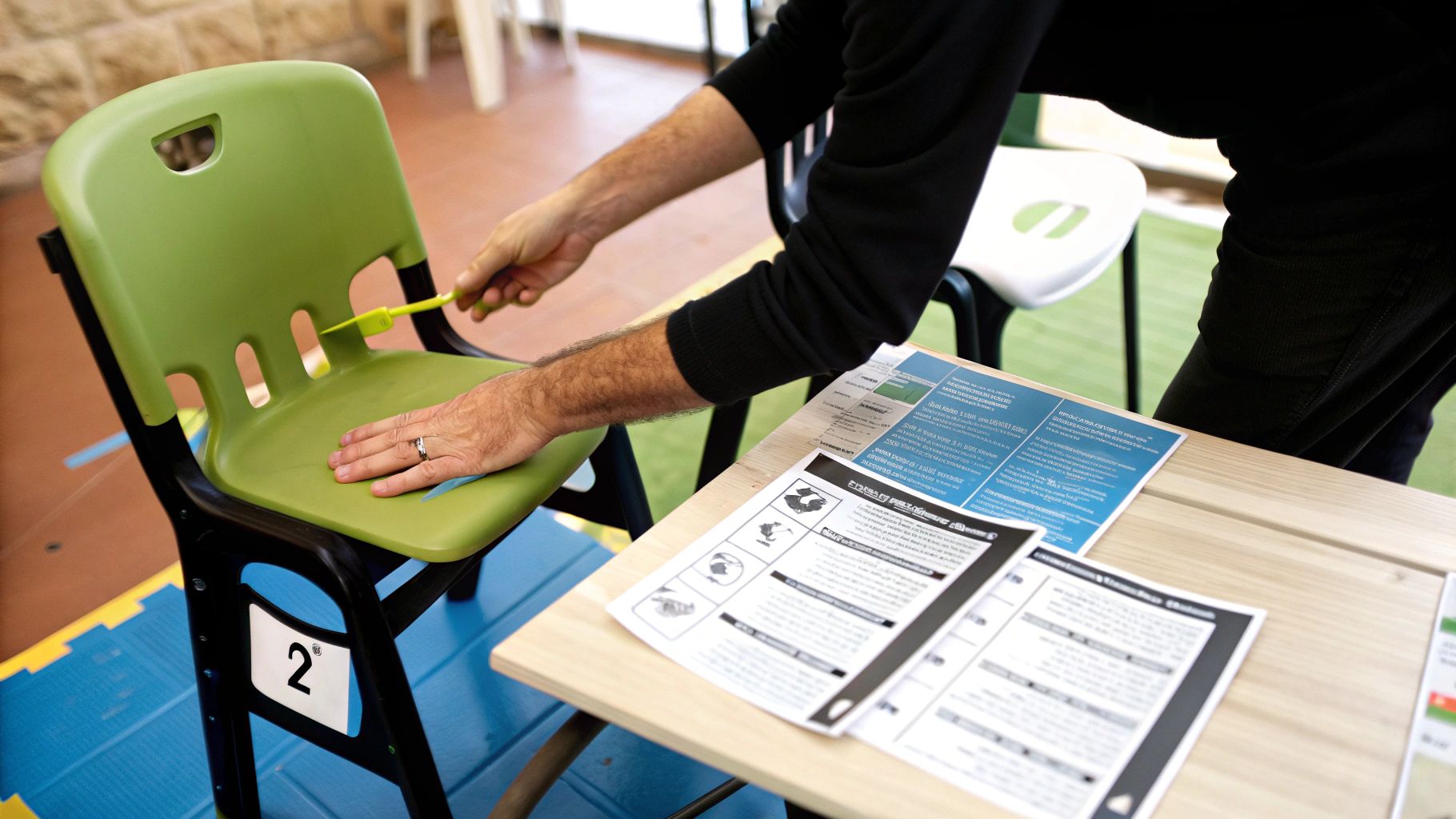 אדם מנקה כיסא ירוק קטן עם מברשת, ליד שולחן עם ניירות, מוכן לשימוש.