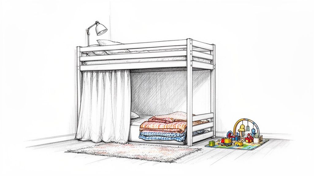 איור של מיטת קומותיים עם וילון ומיטה תחתונה, שמיכות, שטיח וצעצועים לילדים.