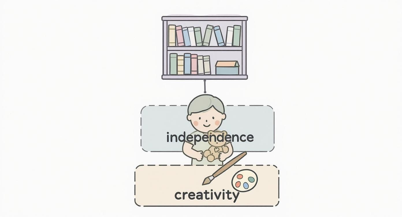 איור המציג כוננית ספרים, ילד עם דובי המסמל עצמאות, ומכחול עם פלטה המסמלים יצירתיות.