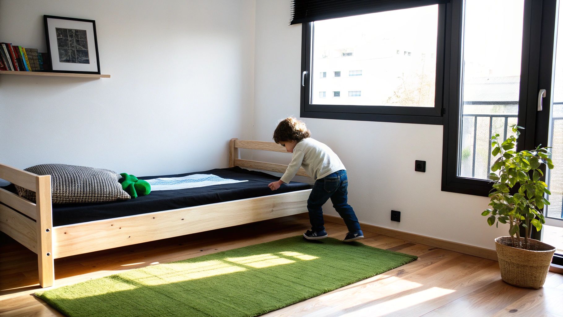 ילד קטן עומד ליד מיטת עץ נמוכה בחדר ילדים מואר עם שטיח ירוק.