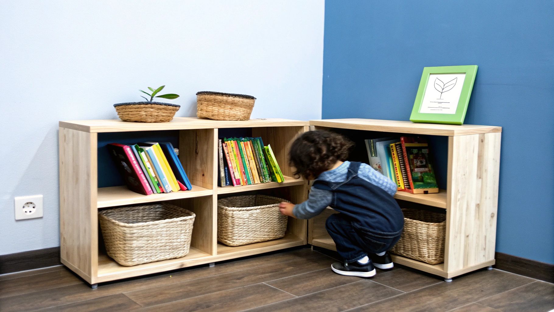 ילד קטן מתכופף ליד מדפי עץ פינתיים עם ספרים וסלסלות, בחדר ילדים מעוצב.