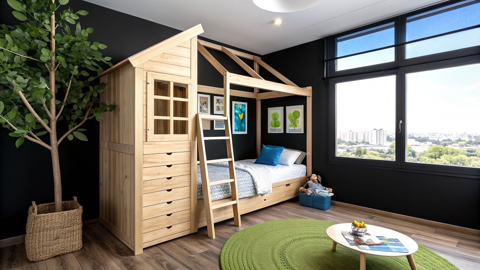 מיטת גלריה מעץ טבעי עם שולחן כתיבה מובנה מתחתיה, ממוקמת בחדר ילדים מואר