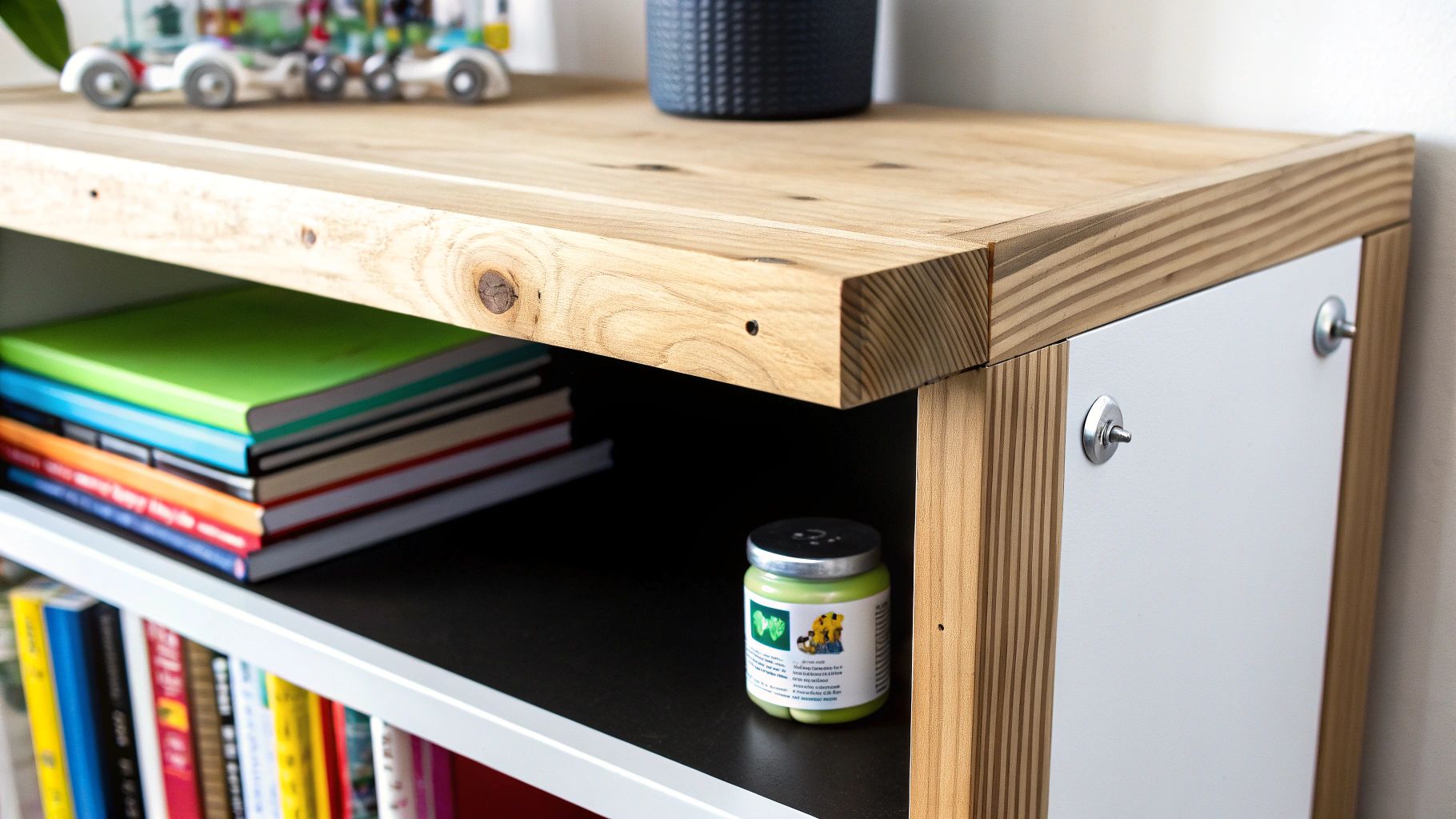 קלוז אפ של יחידת מדפים מעץ בחדר ילדים, מציגה ספרים צבעוניים וצנצנת ירוקה.