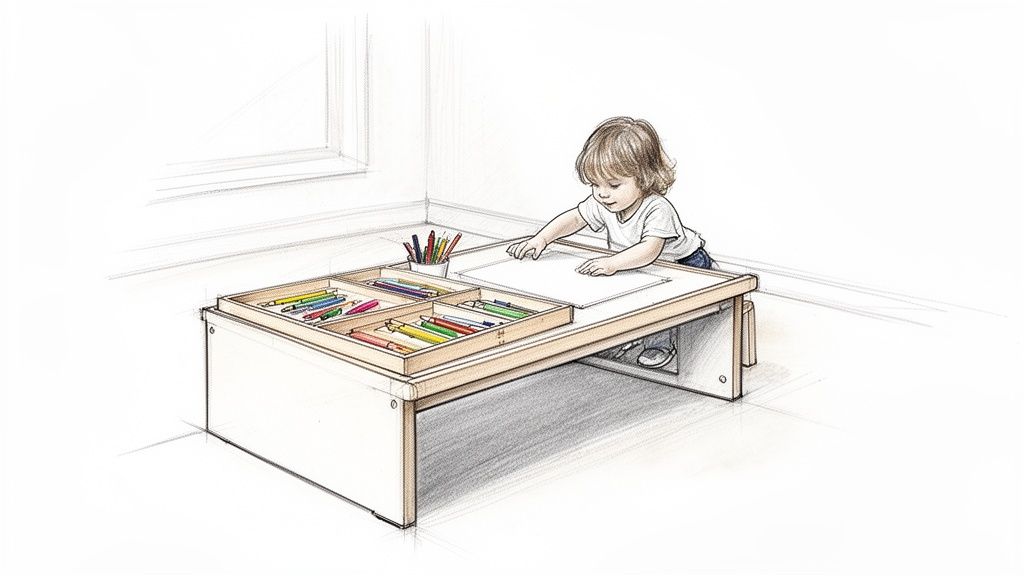 ילד קטן מצייר בשולחן נמוך המיועד לילדים, מוקף בעפרונות וצבעים.