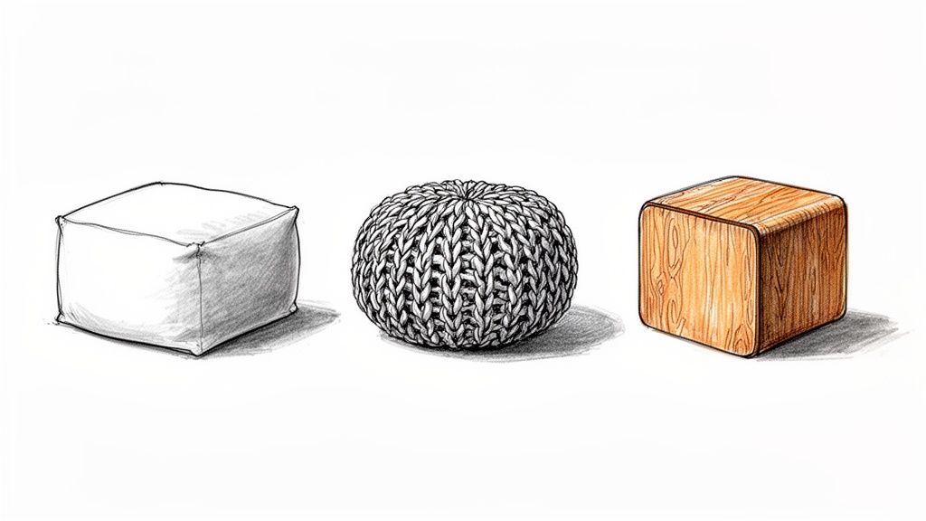 איור של שלושה פופים: אחד מבד לבן רך, אחד עגול סרוג ואחד מעץ עם קצוות מעוגלים.