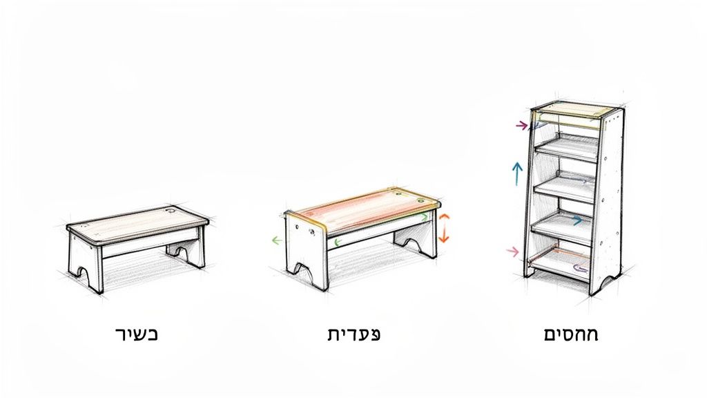 איורים של ספסל עץ רב תכליתי המשתנה לספסל מתכוונן ויחידת מדפים לאחסון, עם חצים המציינים התאמה.