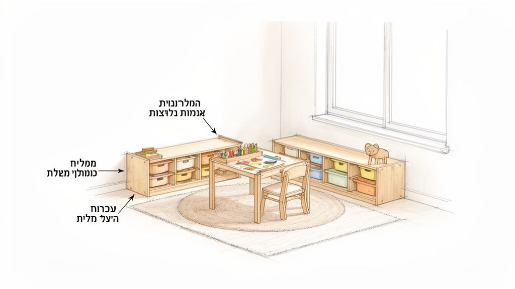 פינת פעילות לילדים עם שולחן וכיסא, מדפים נמוכים עם פתרונות אחסון וקופסאות צבעוניות.