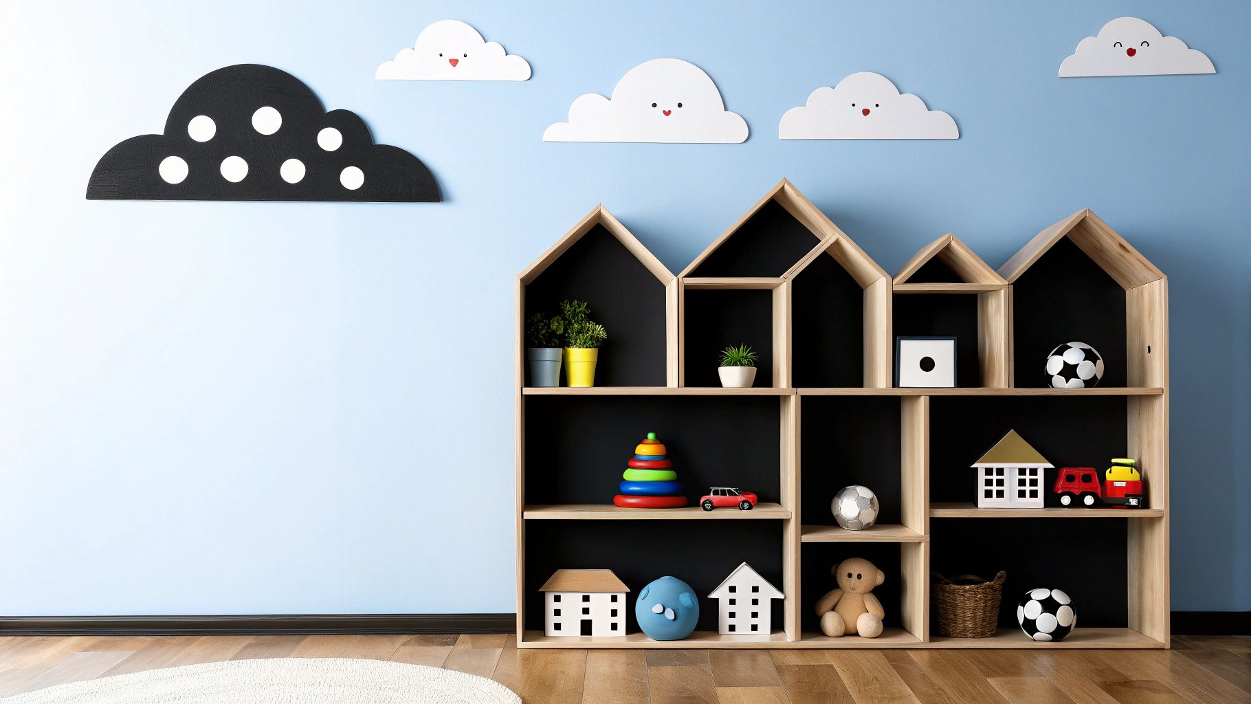 חדר ילדים צבעוני ומסודר עם מדף עץ מעוצב, המלא בצעצועים וצמחים, וקישוטי עננים על הקיר התכלת.