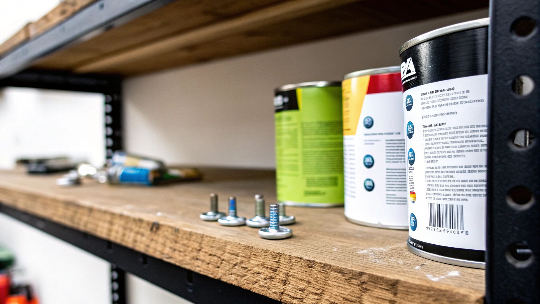 מדף עץ עם פחיות צבע צבעוניות ומוצרי צביעה מסודרים בסדר נקי לחדר ילדים