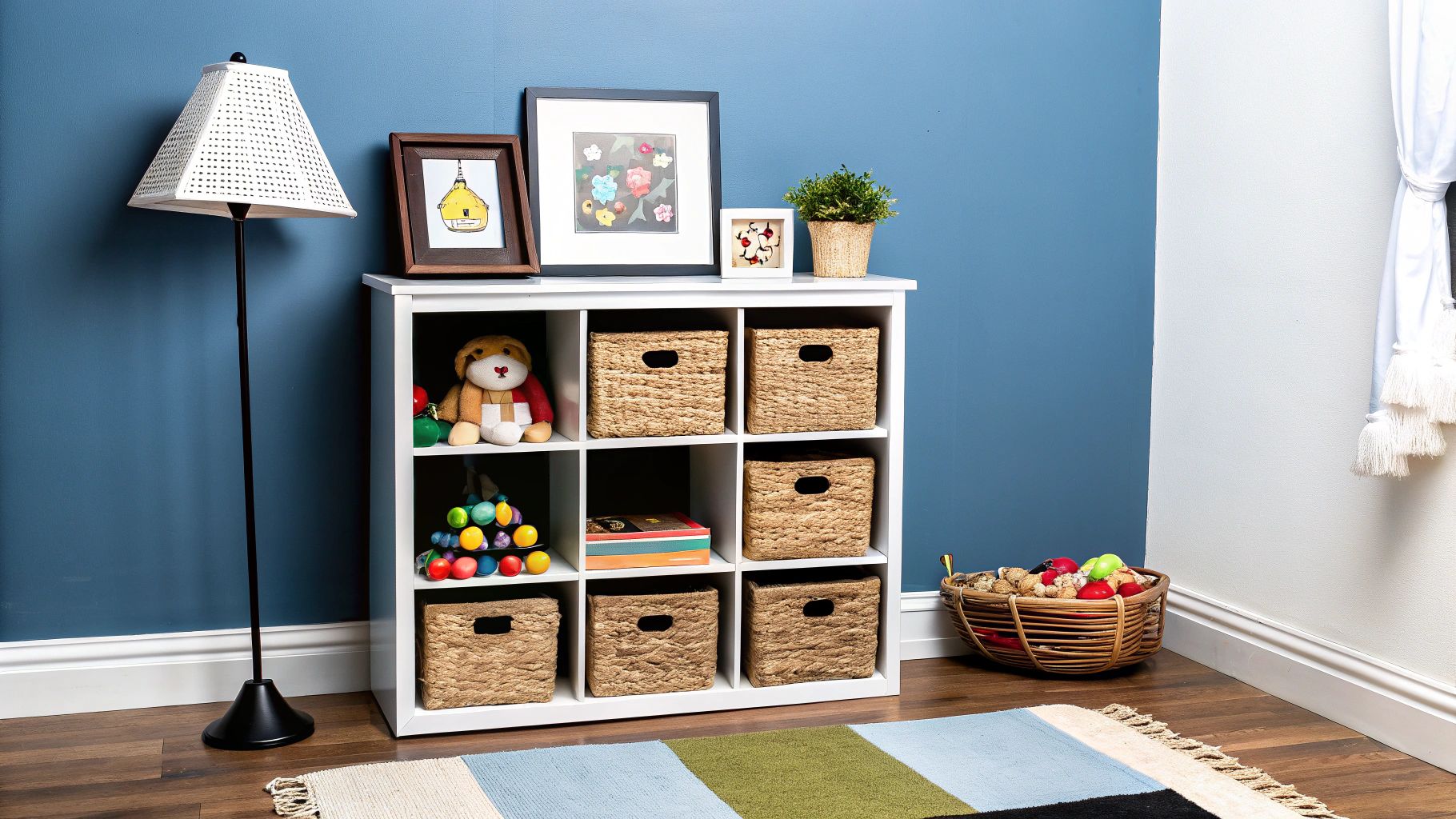 כוורת אחסון לבנה בחדר ילדים עם קירות כחולים. מכילה סלסלות קש, צעצועים וספרים, מנורת רצפה ושטיח צבעוני.