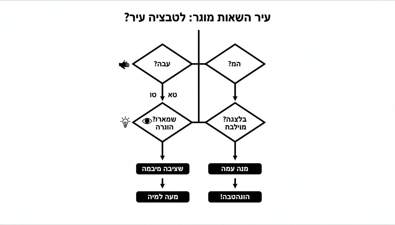 תרשים זרימה הומוריסטי בשפה העברית, המציג שאלות החלטה, מסלולים, תשובות ואייקונים שונים.