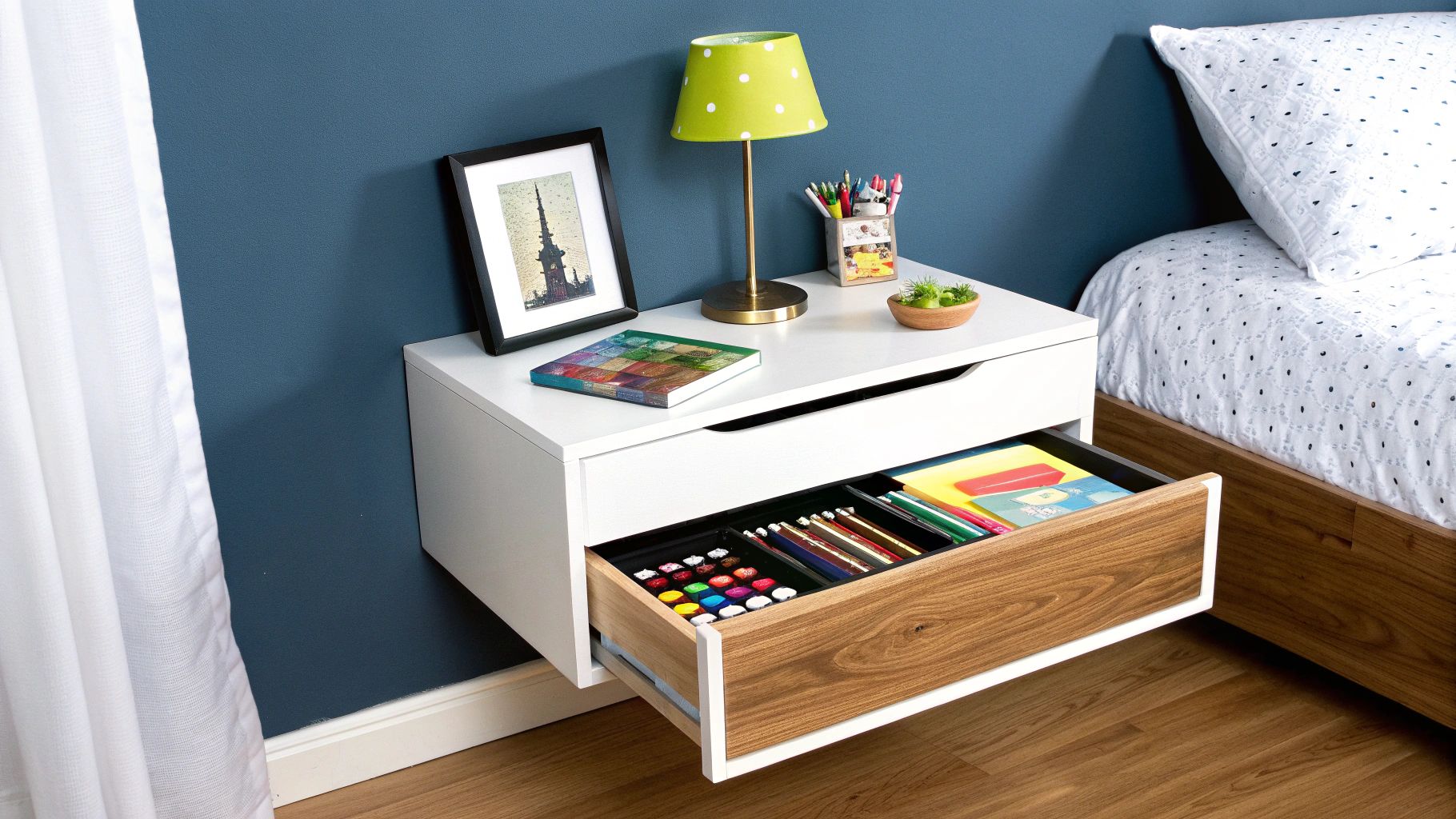 מדף צף עם מגירה המציג צעצועי עץ בחדר ילדים מואר ושמח