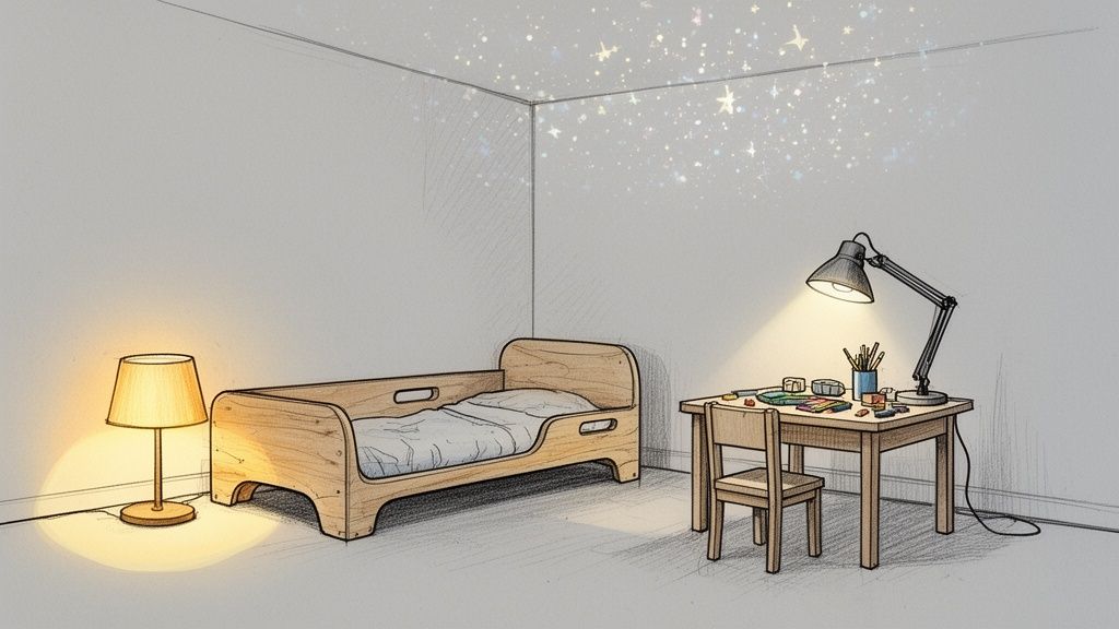 חדר ילדים נעים עם מיטת עץ, שולחן כתיבה, מנורות וקירות מקושטים בכוכבים מנצנצים.